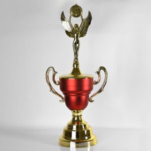 Gold and satin red trophy cup with handles 23 1/4"